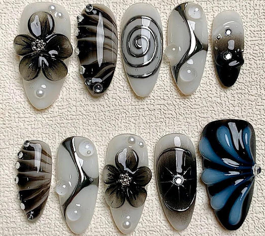 Black Floral Nails, Press On Nails, Freestyle Nails, 3D Gel Nails, Floral Nails, Chrome Nails, Chic Nails, 3D Chrome Nails F983