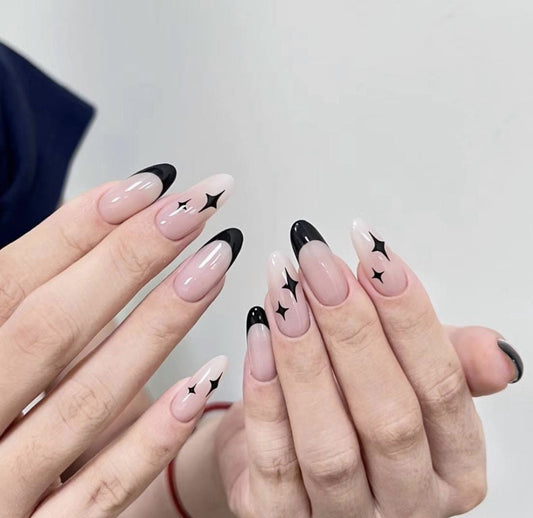 Black French And Bling Nails | Free Style Press On Nails, Handmade Fake Nails Nails, Unique Nails | Custom Press On Nails - F293