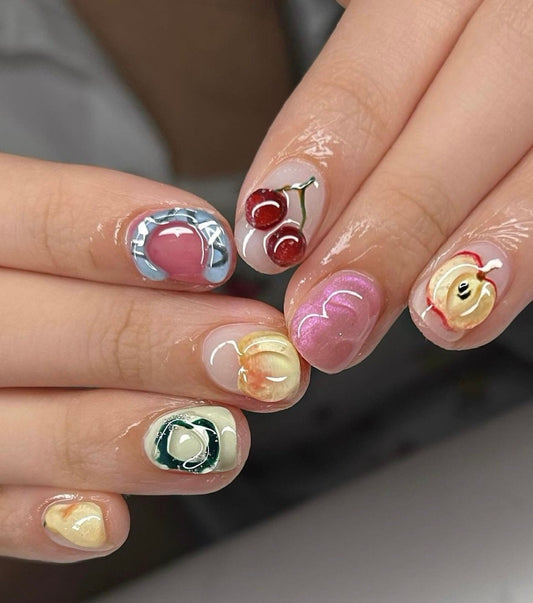 Asian Fruit nails, Apple Fruit Nails, Cherry Fruit Nails, Kiwi Fruit Nails, Cute nails, Short Nails, Pastel Color Nails, handmade Nails F717