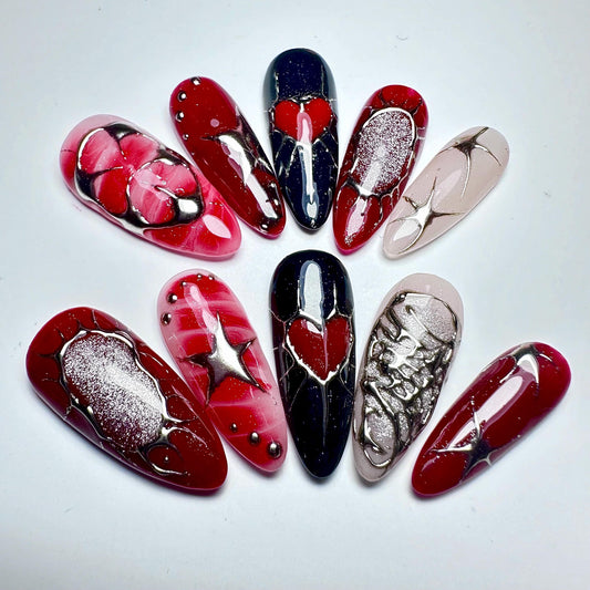 Black And Red Y2K Nails, Ombre Nails, Acrylic Nails, Handmade Nails, Almond Nails, Handpainted Nails, Blind Box Nails F572