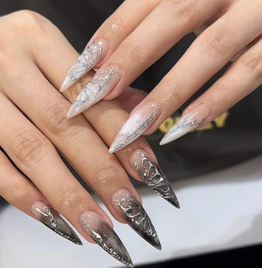 Black And White Silver Design Nails |Press On Nails with Silver Cherry Blossom Design - Elegant Nail Art | Fake Nails - F310