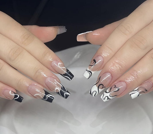 Black And White French Design Nails | Free Style Press On Nails, Handmade Fake Nails Nails, Unique Nails | Custom Press On Nails - F309