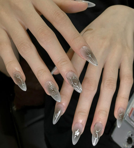 Black Ombre Acrylic Press On Nails with Silver Design - Elegant Nail Art | Unique Acrylic Press On Nails | Fake Nails | F131