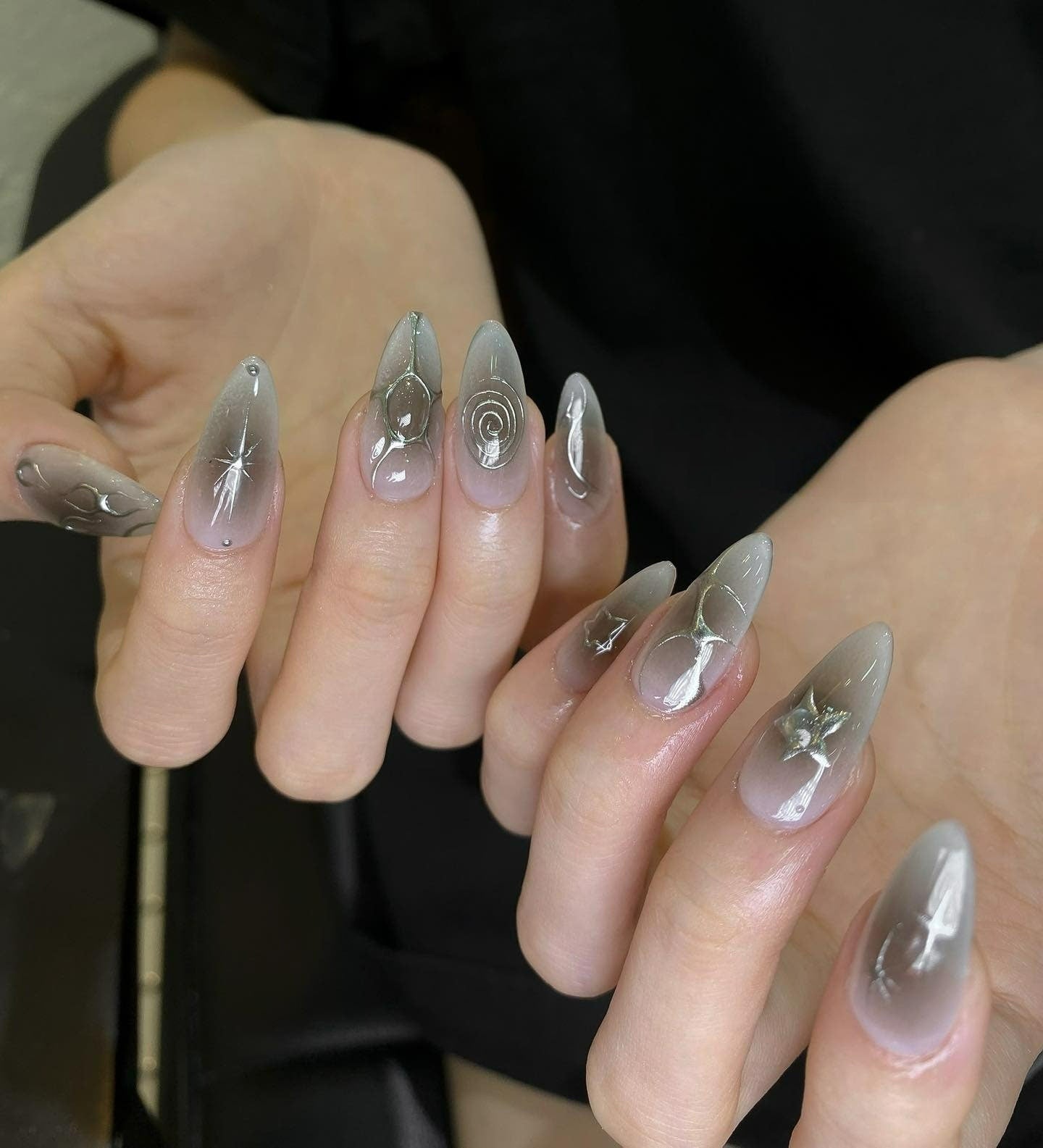 Black Ombre Acrylic Press On Nails with Silver Design - Elegant Nail Art | Unique Acrylic Press On Nails | Fake Nails | F131