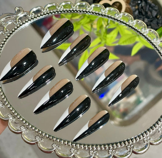 Black Half And White French Acrylic Nails | Press on Nails Gel | Custom Nails | Fake Nails | Cute Fun Colorful | Best Friend Gift
