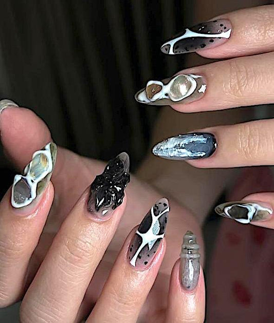 Black Chrome Nails, Unique Design Nails, Chrome Nails, 3D Gel Nails, Ombre Nails, Floral Nails, Press On Nails, Glitter Nails F988