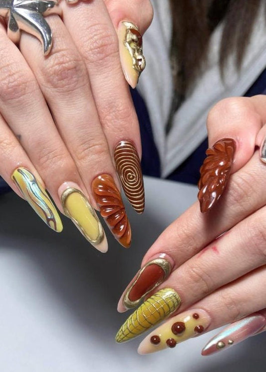 Autumn Nails, Long Nails. Almond Nails, 3D Gel Nails, Gel Nails, Press On Nails, Brown Nails, Fake Nails, Handmade Nails F837