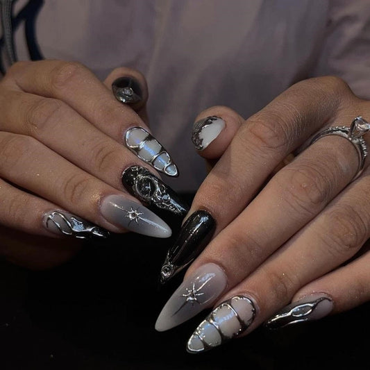 Black Gel Acrylic Nails | | Free Style Press On Nails, Handmade Fake Nails Nails, Unique Nails | Custom Press On Nails - F284