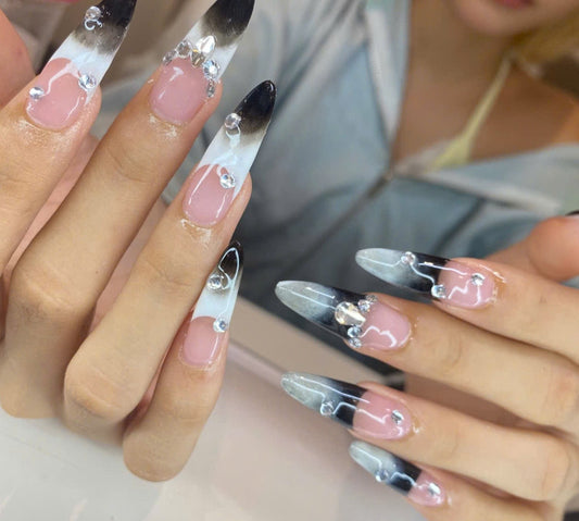 Black And White Ombre Nails, Almond Nails, Long Nails, Ombre Nails, Charm Nails, Acrylic Nails, Press On Nails Handmade Nails F814