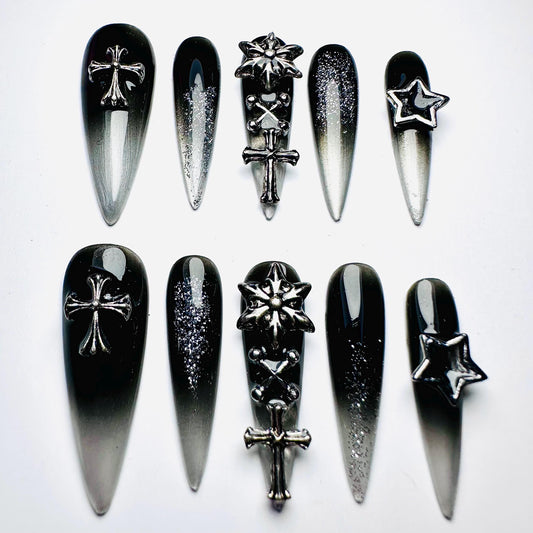 Black Ombre Chrome Nails | Free Style Gothic Almond Press On Nails, Handmade Fake Nails Nails, Unique Nails - F260