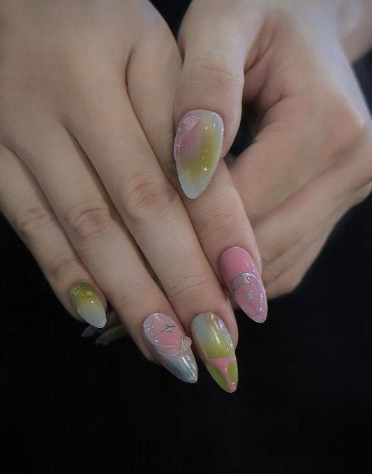 Avocado Green Color Nails, Ombre Nails, Holiday Nails, Almond Nails, Gel Nails, Press On Nails, Moon Design Nails, Pink Nails F585