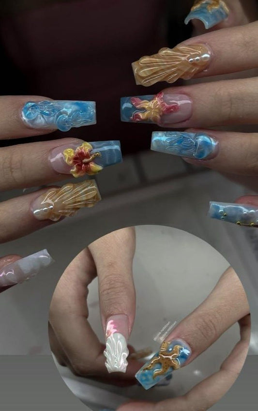 At the bottom of the deep sea Nails, vibrant ocean beach, ocean blue nails, Bright sea blue, jellyfish octopus 3d F670