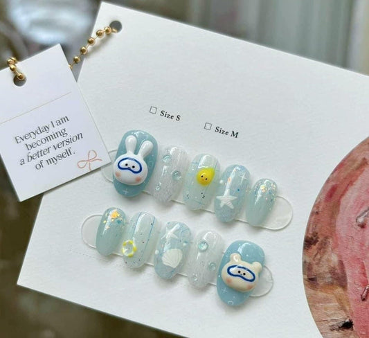 Animal Astronaut Nails, Cute Nails, Rabbit 3D Gel nails, Bear 3D Gel Nails,  Pool Designs Nails, Summer Nails, Press On Nails F630
