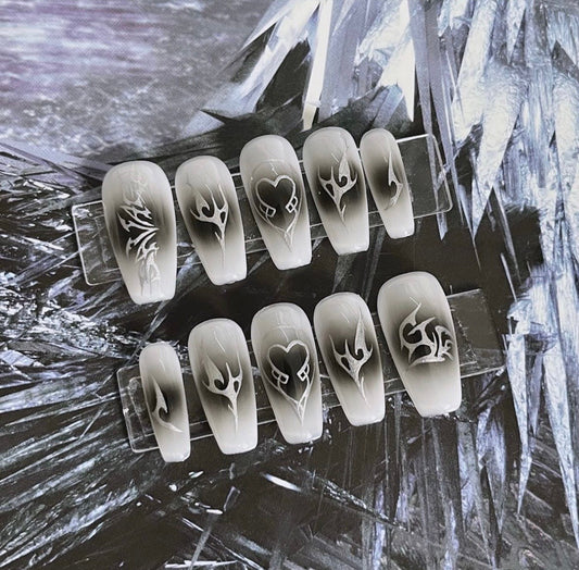 Black Ombre Acrylic Nails | Free Style Press On Nails, Handmade Fake Nails Nails, Unique Nails | Custom Press On Nails - F189