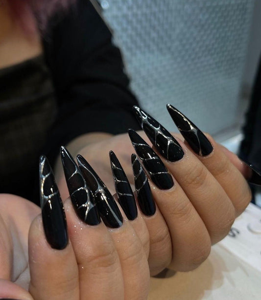 Black And Sliver Metallic Line Nails | Free Style Press On Nails, Handmade Fake Nails Nails, Unique Nails | Custom Press On Nails - F360