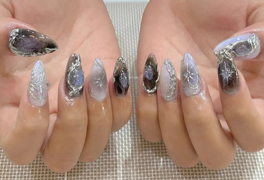 Black And White Nails |Press On Nails with Silver Design - Elegant Nail Art | Unique Acrylic Press On Nails | Fake Nails | F373
