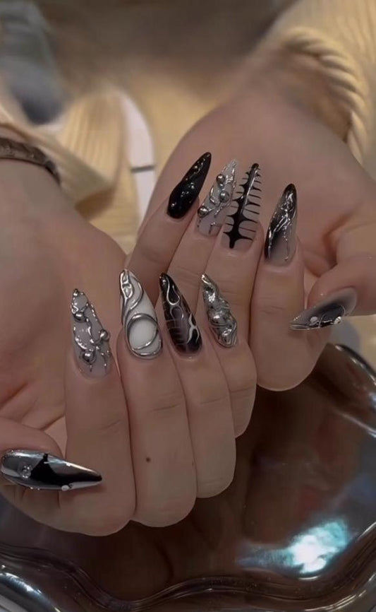 Black Chrome Mix Y2k Nails | Free Style Press On Nails, Handmade Fake Nails Nails, Unique Nails | Custom Press On Nails - F498