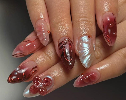 Red Gel Nails with Silver Cherry Blossom Design